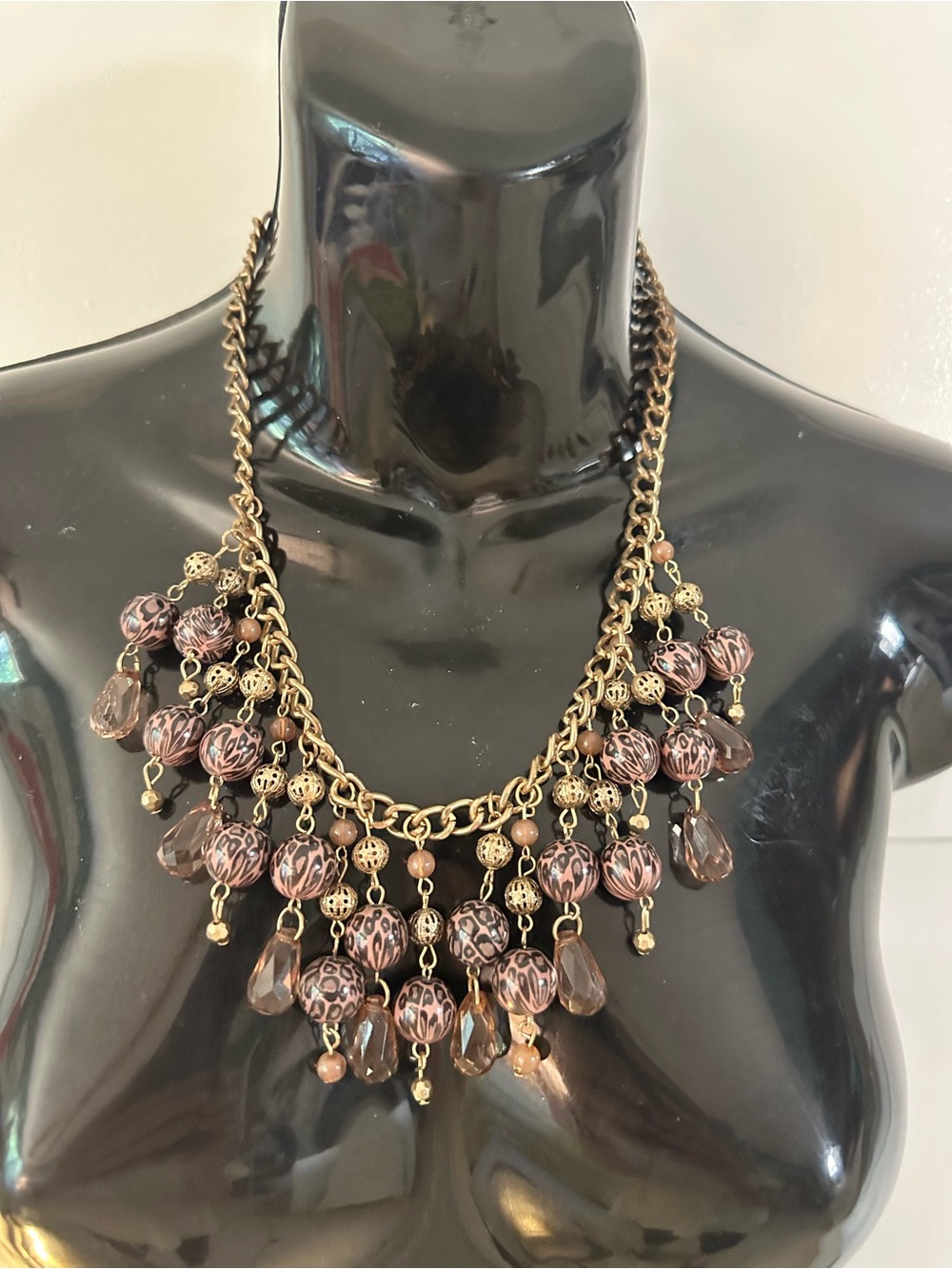 Gold-Tone Brown Beaded Statement Necklace